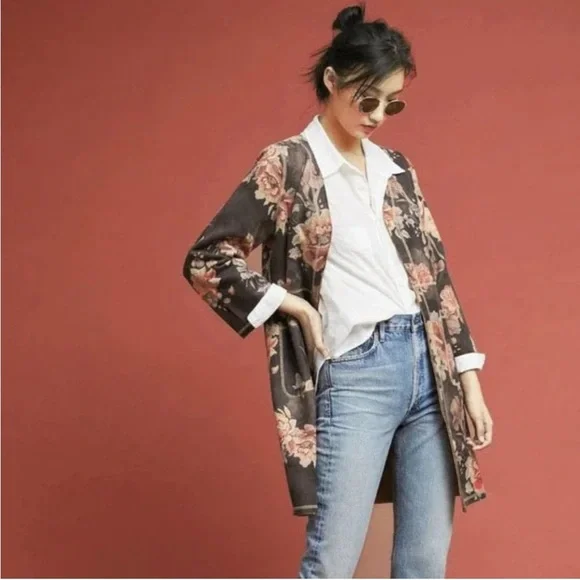 Solitaire x Anthro Longline Faux Suede Kimono Duster Jacket Floral Taupe Sz Med - Picture 3 of 13